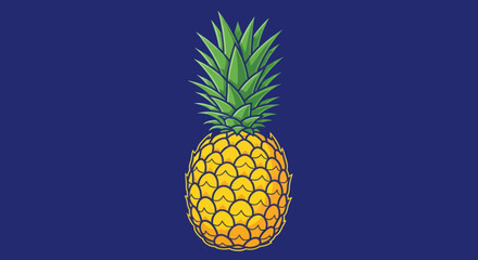 A vibrant cartoon pineapple with green spiky leaves atop a yellow, textured body on blue