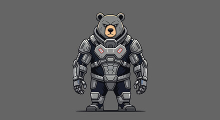 A pixel-art grizzly bear in futuristic armor stands, staring forward with a stern expression