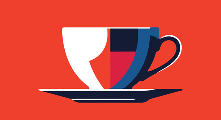 A minimalist graphic featuring a stylized cup and saucer against a solid reddish-orange backdrop