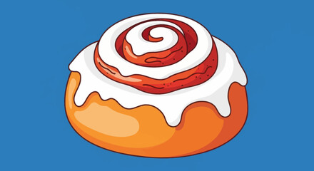A cartoon cinnamon roll with white icing on a blue background. It's warm-toned and inviting