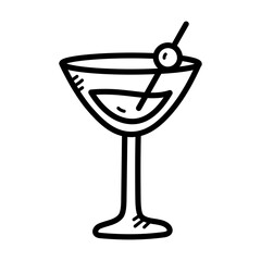 Stylized Cocktail Martini Glass Doodle Illustration with Skewer and Olive in Transparent Background