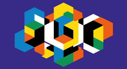 Obraz premium A geometric arrangement of colorful, layered shapes on a purple backdrop, creating a 3D effect