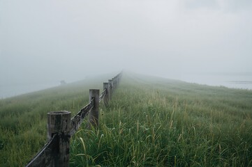 Foggy countryside scene with a weathered wooden fence extending across lush greenery beneath a cloudy sky