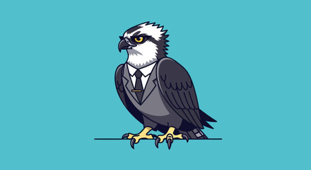 Animated eagle in a suit with an intense stare against a bright blue backdrop