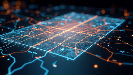 An extreme close-up of a transparent holographic display showing a detailed, glowing 3D city map of a futuristic metropolis. 