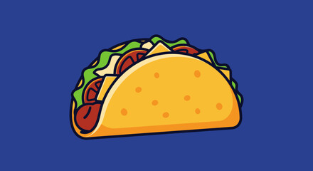 Cartoon taco illustration, filled with ingredients, on a blue background. Colorful and appetizing