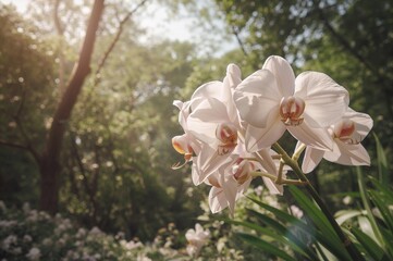 Beautiful white Cymbidium flowers in a natural setting during spring and summer