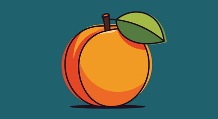 Illustration of a cartoon peach with a green leaf, and a brown stem against teal background