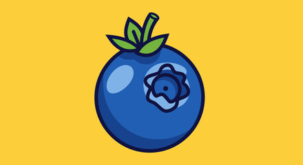 Cartoon blueberry with leaves on a yellow background. Simple illustration, fruit, design