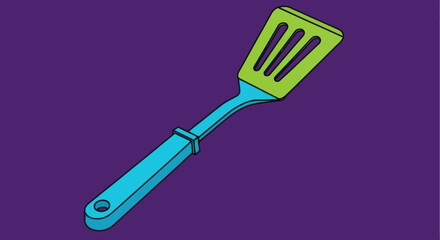 Stylized drawing of a spatula on a purple background. Features a green blade & blue handle