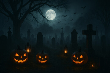 Cemetery with jack-o'-lanterns under a full moon.