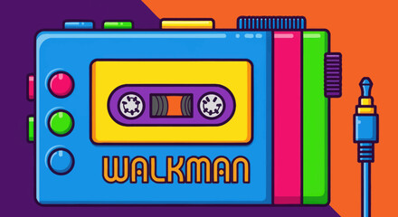Colorful, cartoon illustration of a retro portable cassette player with a jack, with bold colors