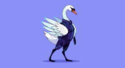 A digital artwork of a swan character in futuristic armor, on a purple background