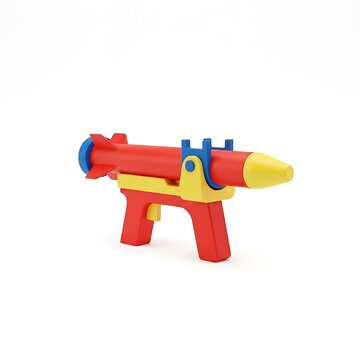 Brightly colored toy rocket launcher on white background