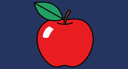 A cartoon-style red apple with a green leaf and a brown stem, against a dark blue backdrop