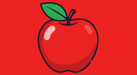 A cartoon illustration of a red apple with a green leaf and stem, on a red background