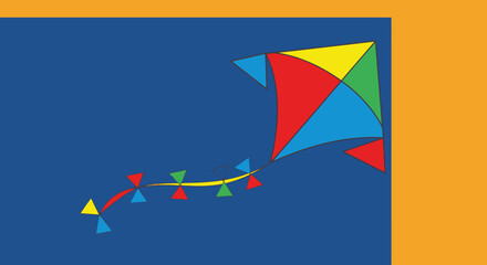 A vibrant, geometric kite design against a blue and orange background, suggesting flight and play