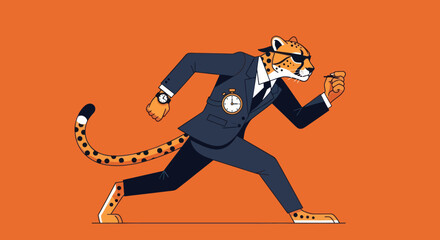 A cheetah, in a suit and sunglasses, runs quickly, with a stopwatch on its chest and wrist