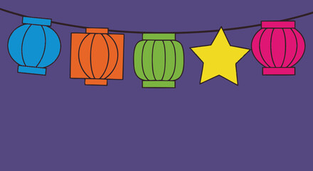 Colorful garland of lanterns and a star strung on a line, set against a purple backdrop