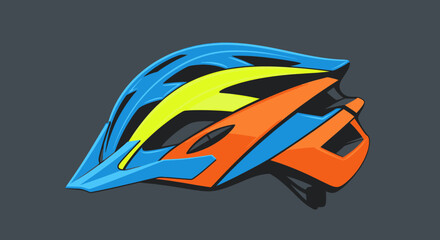 Illustration of a colorful bicycle helmet on a neutral grey background, rendered with clean lines