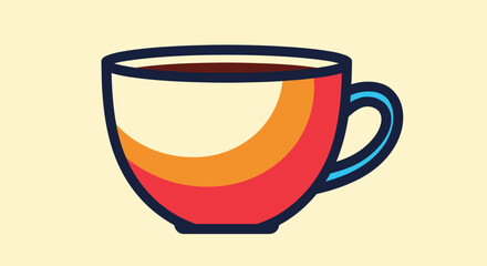 A brightly colored, stylized coffee cup with vibrant hues and bold outlines, centered on a light yellow background