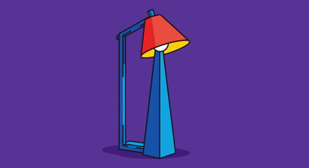 A stylized lamp illustration with a red shade and blue frame on a purple background