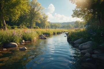 Naklejka premium The mesmerizing charm of a gentle stream. Nature drawings water, summer, greenery, scenery, woods, vegetation, creek