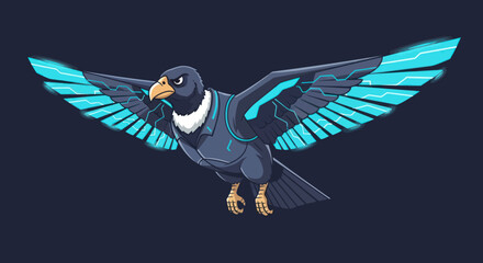 Naklejka premium A futuristic raven with glowing blue energy wings. It flies against a dark background