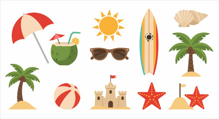 A vibrant collection of summer beach vacation icons including a palm tree surfboard and sandcastle.