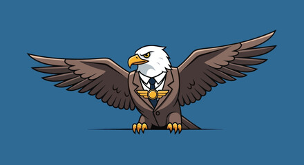 Naklejka premium A majestic eagle in a suit and tie, wings spread, against a blue background