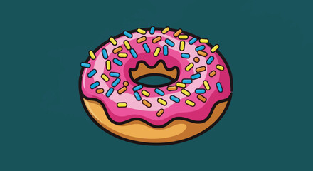 A sweet donut with pink frosting and colorful sprinkles, against a teal-green background
