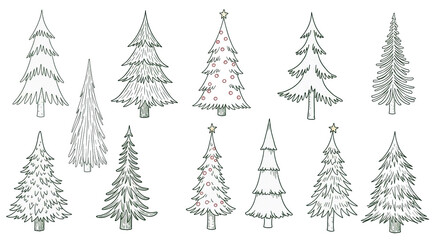 Fototapeta premium Christmas tree isolated on a white background, set.