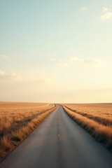 Asphalt road vanishing into a serene golden field under a soft sunset sky