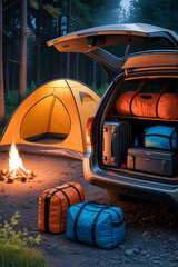 Night Camping Tent in Mountain Landscape Digital Illustration,Tent and Starry Mountain Scene,camping by campfire under starry night,Camping,mountains, camper,mountain forest at night,Campfire and tent