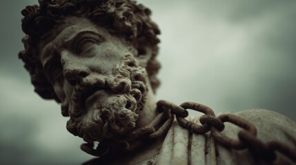 Ancient statue of philosopher with chains stands under overcast sky in a historic setting