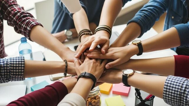Diverse team members stacking hands together for collaboration and unity