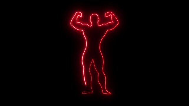 Neon muscular arm biceps icon. glowing Bodybuilding triceps of sportsman. Glowing neon line male-silhouette-variant-showing-muscles and gym icon animation. 4k rendering video....