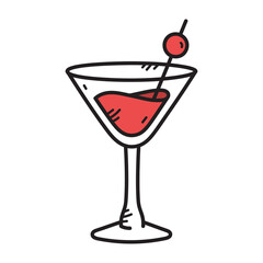 Martini Glass with Red Liquid and Cherry Doodle Illustration on Transparent Background