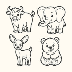 Obraz premium Vector art of cute cartoon illustration of a bull, elephant, deer, and bear, isolated on a, perfect for childrens books and designs