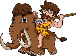 Cartoon young caveman riding mammoth