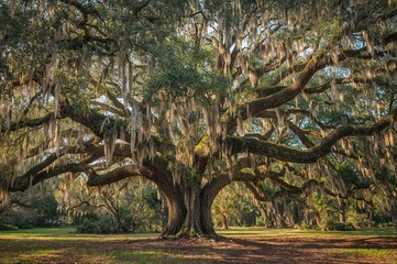 Naklejka premium The huge Live oak covered with Spanish moss in the coastal wetlands