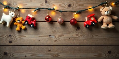 Festive Holiday Decor with Charming Toys and Sparkling Lights on Rustic Wood