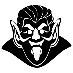Flat black silhouette vector of vampire head in Halloween style. Perfect for banners, invitations, decorations, posters, and spooky digital artworks.