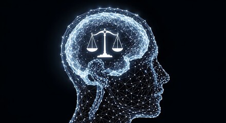 Justice scales balanced within a glowing abstract human brain symbolizing legal thought and ethics