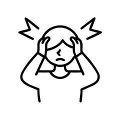 Line drawing of woman holding head in pain with migraine symptoms  