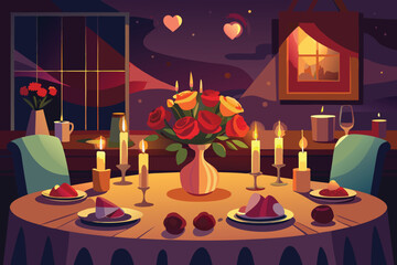 Luxury romantic dinner for two at a restaurant with a candlelit table, wine glass, and flower decoration