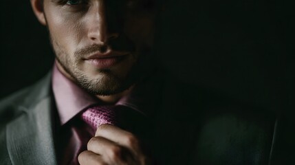 Fototapeta premium Close up of a man in a suit adjusting his pink tie with dramatic lighting