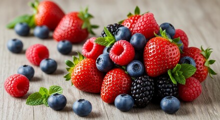 Assorted fresh berries including strawberries, raspberries, blueberries, and blackberries scattered on a rustic wooden surface with mint leaves. Concept for healthy eating and summer dessert