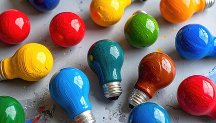 Colorful Light Bulbs on Gray Surface, Abstract Concept of Creativity and Innovation, Bright Colors, Red, Yellow, Green, Blue, Orange