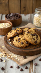 Homemade Chocolate Chip Cookies on Rustic Wooden Tray — Cozy Baking Scene with Oats and Chips